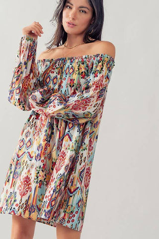 Boho Ikat Print Off Shoulder Balloon Sleeve Mini Dress - Fitkitty Culture Athleisure Wear, Yoga Wear &  Women's Clothing