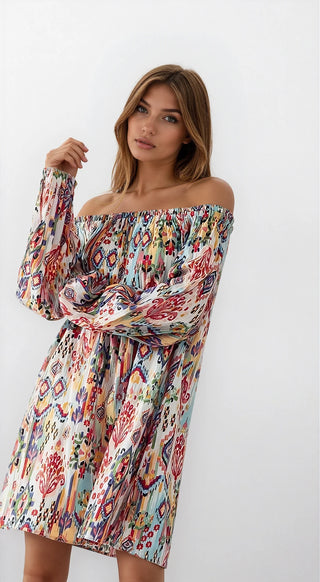 Boho Ikat Print Off Shoulder Balloon Sleeve Mini Dress - Fitkitty Culture Athleisure Wear, Yoga Wear &  Women's Clothing