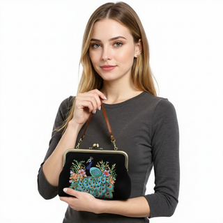 Vibrant Peacock Kisslock Embroidered Bag