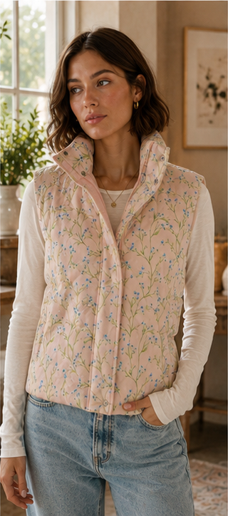 Light Pink Floral Puffer Vest