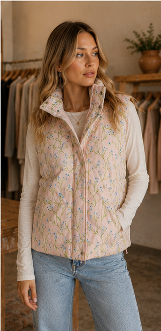 Light Pink Floral Puffer Vest