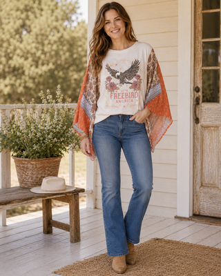 Free Bird America 1776 Graphic Sheer Sleeves Kaftan Top