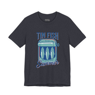 gray tee with tin fish summer