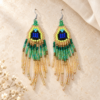 Pair of peacock beaded fringe earrings in green, cobalt blue and champagne with silver-tone hooks