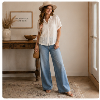 Woman styling the Ivory Garden Lace Button-Down Shirt with wide-leg jeans
