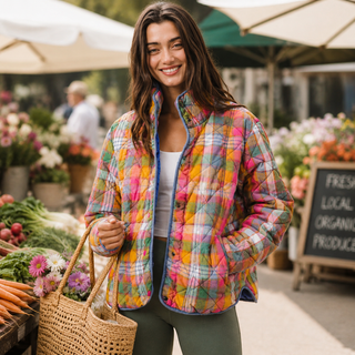 Vintage Plaid Quilted Jacket with Pockets