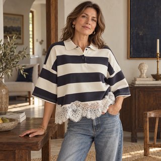 Lace-trim striped polo pullover styled with denim in a warm House of Caelo interior