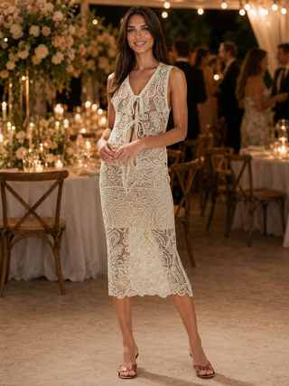 Open-Work Crochet Midi Skirt With Partial Lining