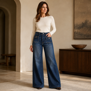Woman wearing Lux Retro Wide Leg Jeans in Dark Fade Indigo