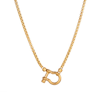 Gold LuxeLink horseshoe carabiner necklace with box chain