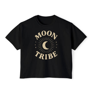 Black Cozy Moon Tribe cropped boxy tee with cream crescent moon graphic, front product view