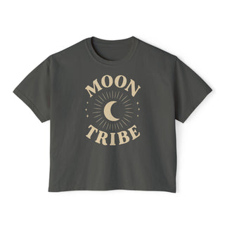 Pepper gray Cozy Moon Tribe cropped boxy tee with cream crescent moon graphic, front product view
