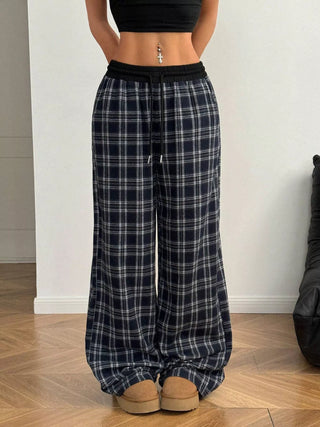 Navy plaid wide-leg pants, front view