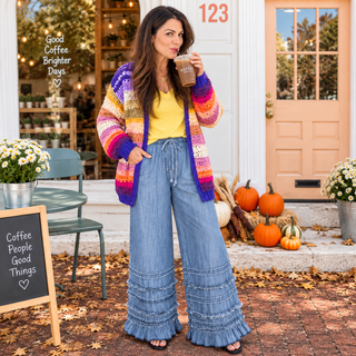 Free Spirit Tiered Chambray Palazzo Pants styled with Sunshine Slub V-Neck Tee and Rainbow Hand-Crochet Open Cardigan