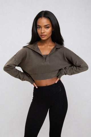Acid Wash Waffle-Knit V-Neck Cropped Pullover, Shirts, Fitkitty Culture, Fitkitty Culture
