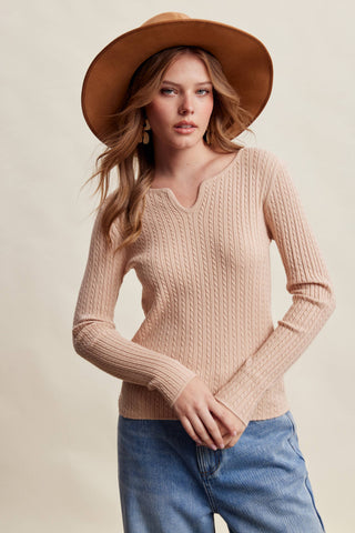 Oatmeal ribbed V-neck knit top front view