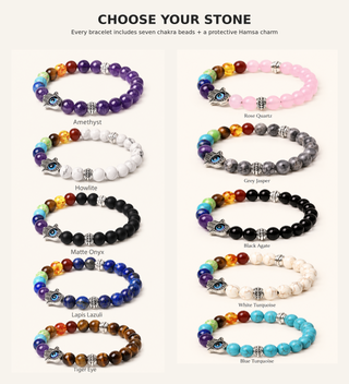 Shielded Spirit Hamsa 7 Chakra Bracelet choose your stone guide with ten bead options