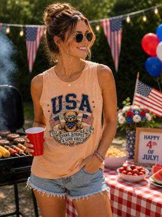 USA Teddy Bear Muscle Tank — Stars, Stripes & Good Vibes Fourth of July Tank Top, view 3 | Fitkitty Culture®
