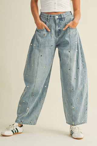 Front view of Studded Barrel Leg Jeans showing rounded silhouette and stud accents