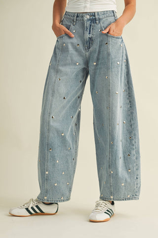 Studded Barrel Leg Jeans in light-wash denim with subtle stud details and a relaxed rounded leg