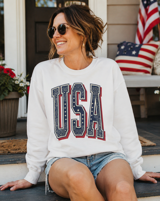 USA Varsity Embroidered Crewneck Sweatshirt | Vintage Patriotic Pullover