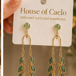 Verdant Cascade earrings on House of Caelo jewelry card