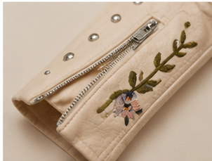 Wildflower Studded Faux Leather Moto Jacket cuff zipper and floral detail
