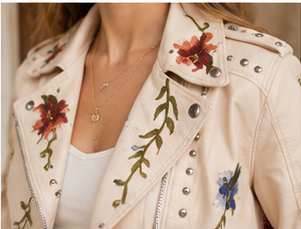 Wildflower Studded Faux Leather Moto Jacket front embroidery and stud detail