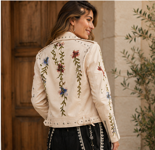 Woman wearing the Wildflower Studded Faux Leather Moto Jacket back view