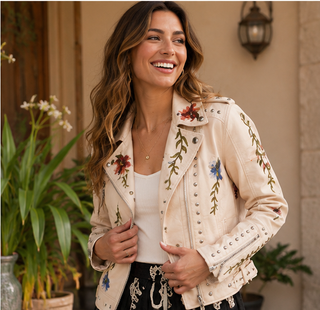 Happy woman wearing the Wildflower Studded Faux Leather Moto Jacket front view