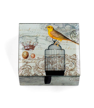 A square decorative box with a vintage birdcage and yellow bird design printed on the lid, shown against a plain white background.
